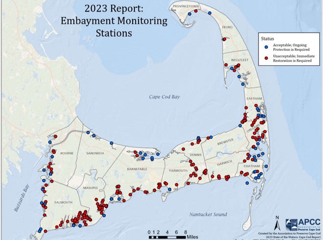 This map of Cape Cod shows the status of embayments monitored as part of the Association to Preserve Cape Cod's annual State of the Waters report. Blue dots denote areas where water quality is acceptable according to grading standards but where 'ongoing protection is required.' Red dots indicate areas where water quality is considered unacceptable and in need of restoration.
