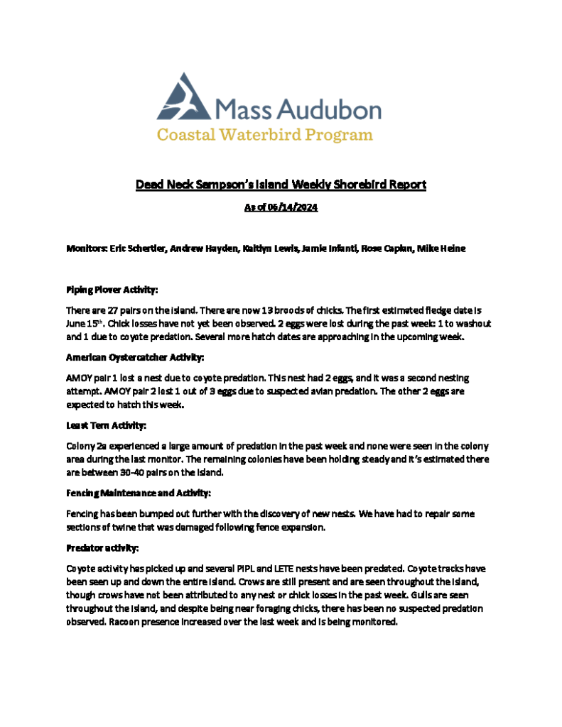 MAS CWP Dead Neck Sampson's Island Weekly Shorebird Report 6.14.2024_Page_1